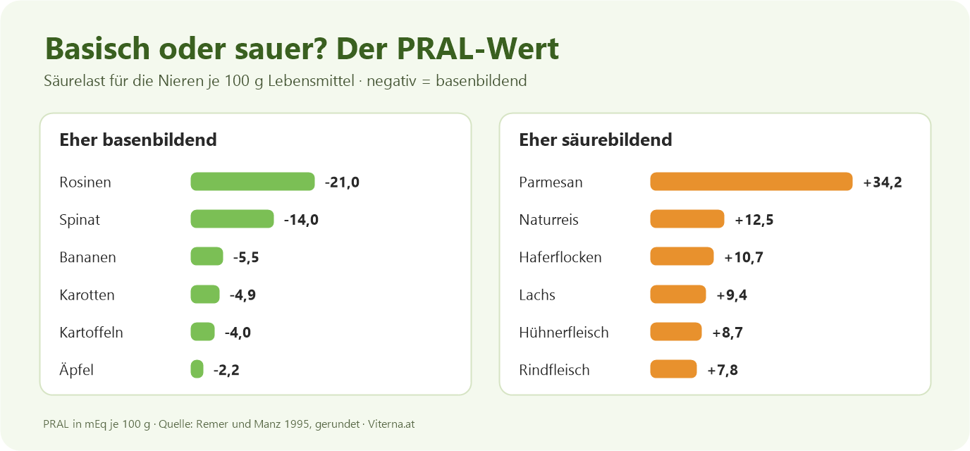 Grafik: PRAL-Werte je 100 g, basenbildend Rosinen, Spinat, Bananen, Karotten, Kartoffeln, Äpfel, säurebildend Parmesan, Naturreis, Haferflocken, Lachs, Hühnerfleisch, Rindfleisch