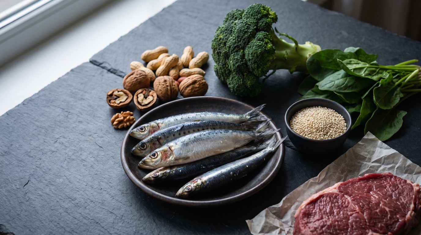 Lebensmittel mit Coenzym Q10 auf dunklem Schiefer: Sardinen, Walnüsse, Erdnüsse, Brokkoli, Spinat, Sesam und Rindfleisch