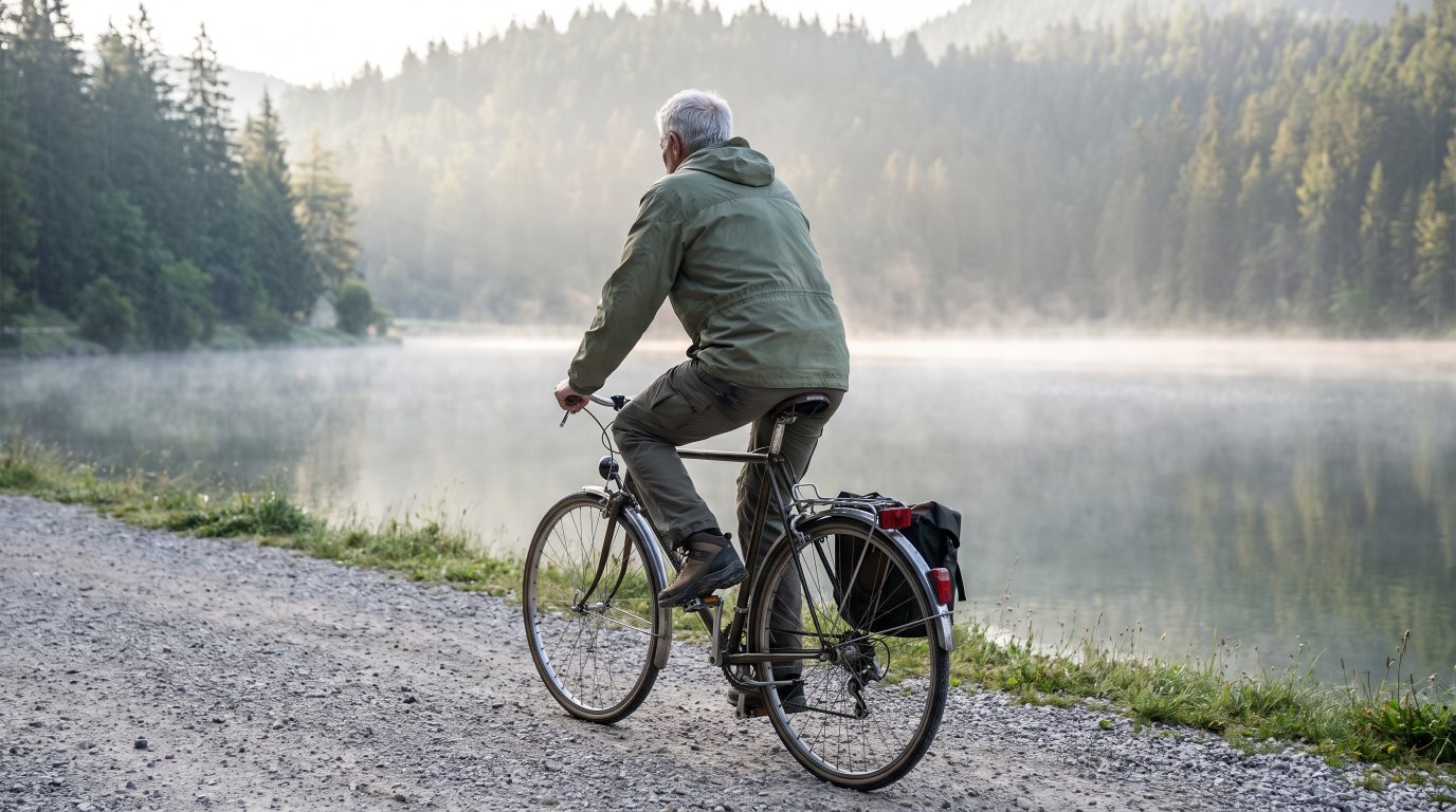 Ein grauhaariger Mann fährt am frühen Morgen mit dem Fahrrad einen Schotterweg entlang eines nebligen Sees, von hinten gesehen