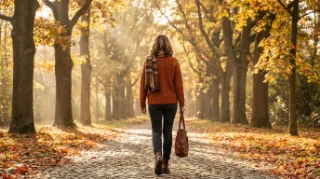 Eine Frau geht zügig durch eine herbstliche Allee im warmen Morgenlicht