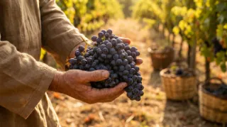 Weinlese: Hände ernten reife dunkle Trauben im Weinberg