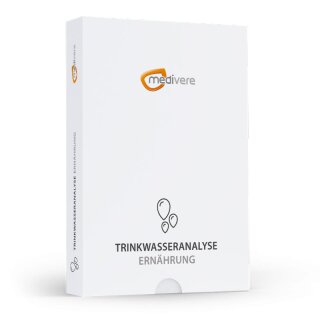 Medivere Trinkwasseranalyse Ernährung, Vorderseite der weißen Testbox mit Wassertropfen-Symbol