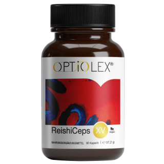 Optiolex ReishiCeps 60 capsules. Dietary supplements with the vital mushrooms reishi (Ganoderma lucidum) and Cordyceps sinensis (crawler fungus).