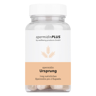 Spermidin Ursprung 60 Kapseln. Nahrungsergänzungsmittel mit Weizenkeimlingspulver. 3 mg natürliches Spermidin pro 2 Kapseln.