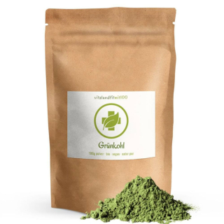 Vital Bio Grünkohl Pulver 100g. Veganes Bio Grünkohl Pulver mit typischem Kohlgeschmack. Ideal für Smoothies. Perfekt für Veganer und Vegetarier aus nachhaltigem EU-Anbau.