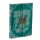 Green leather notebook with embossed peace sign and metal buckle