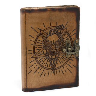 Braunes Ledernotizbuch mit Pentagramm, Totenkopf und Metallschnalle