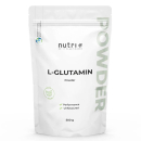 nutri+ L-Glutamin Pulver 500 g im wei&szlig;en Standbeutel, vegan aus Mais fermentiert.