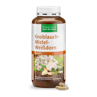 Garlic-Mistletoe-Hawthorn capsules by Kräuterhaus Sanct Bernhard, 480 capsules in amber jar