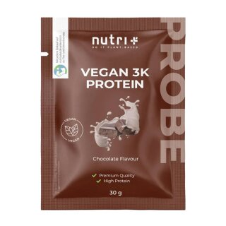 nutri+ Vegan 3K Protein Probe 30 g Schokolade, flacher Portionsbeutel mit Vegan-Siegel