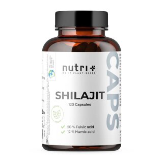nutri+ Shilajit capsules, brown jar with 120 capsules and white label