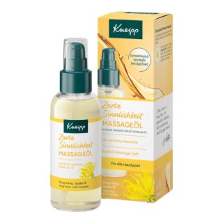 Kneipp Massageöl Zarte Sinnlichkeit, 100-ml-Pumpflasche mit gelber Faltschachtel und Ylang-Ylang-Blüte
