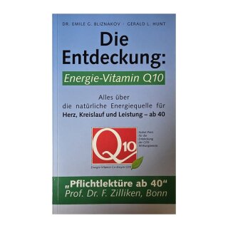 Buch Die Entdeckung: Energie-Vitamin Q10 von Dr. Emile G. Bliznakov und Gerald L. Hunt, hellblaues Cover mit rotem Q10-Logo, LebensBaum Verlag