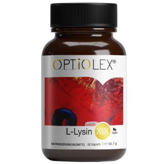 Optiolex Amino acid L-lysinen60 capsules. Dietary supplements containing L-lysine and vitamin C. L-lysine is an essential amino acid that cannot be produced by the body itself.