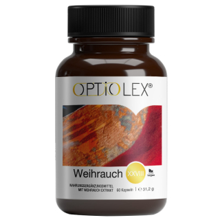 Optiolex Weihrauch 60 Kapseln. Nahrungsergänzungsmittel mit Boswellia serrata. Weihrauch ist natürlich reich an Harzsubstanzen (ß-Boswellinsäure), Schleimstoffen und ätherischen Ölen.